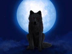 3D渲染坐在大月亮前的黑狼或红眼狼人。夜空中的星星，地面上的雾.