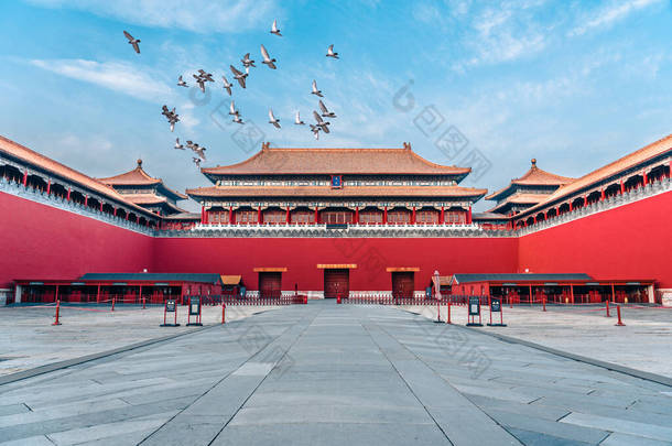 中国<strong>北京</strong>紫禁城广场上的鸽子。<strong>北京</strong>市红墙前放飞的鸽子.图上这块牌匾的中文译文：子午门.