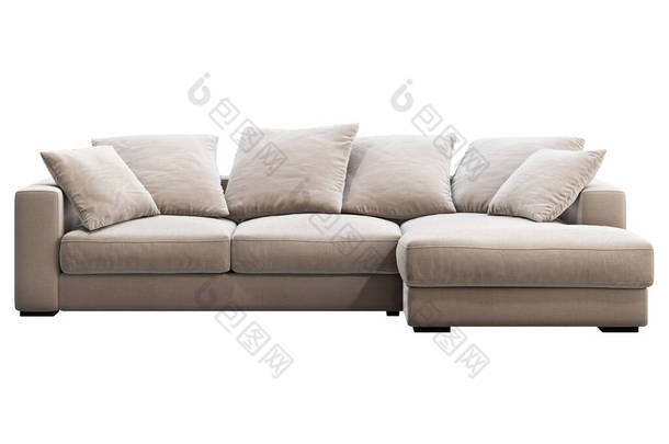 现代米色休闲沙发.白色背景上有枕头的纺织品室内装饰墙角沙发。世纪中叶，现代，阁楼，查莱特，斯堪的纳维亚内陆。3D渲染