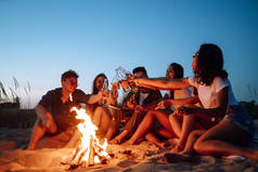 一群快乐的朋友在海滩上欢呼雀跃，喝啤酒，享受假期。假期，笑着和笑着.