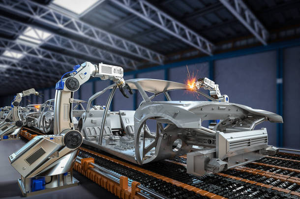 <strong>汽车制造</strong>厂三维渲染机器人装配线自动化<strong>汽车制造</strong>厂的概念