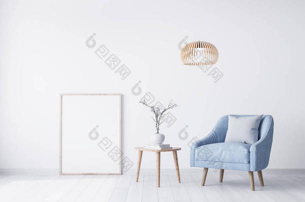 用天鹅绒灰色扶手椅、蓝色枕头、藤条天花板灯和白色墙体背景的木制桌子装饰现代舒适的客厅室内设计框架。3D渲染.