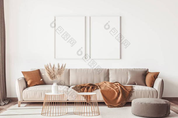 现代斯堪的纳维亚式公寓室内设计,客厅采用中性色彩,镜框招贴画<strong>造型</strong>.3D渲染