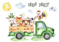 农场动物，驴，鹅，鸡，青蛙，公鸡在农场卡车上。儿童水彩画卡片