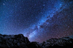 银河和高山。尼泊尔的喜马拉雅山和星空的迷人景象。雪峰的岩石，星星的天空。Annapurna范围。明媚的银河夜景