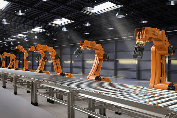 工厂三维渲染机器人装配线自动化工业概念