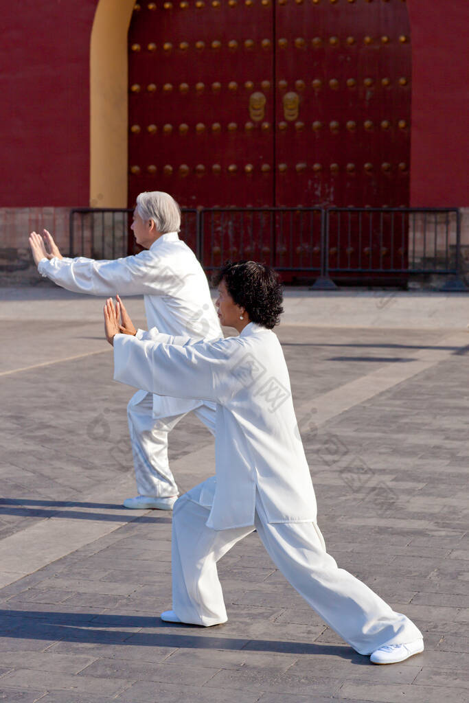 两个老人在公园玩太极拳