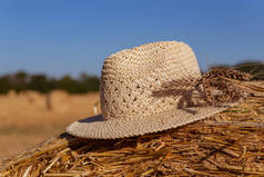 稻草帽,麦穗挂在农田背景下的小包上