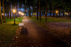 在初秋的时候，一个由石子路、树木、落叶和长椅组成的灯笼点亮的夜间公园。城市景观.