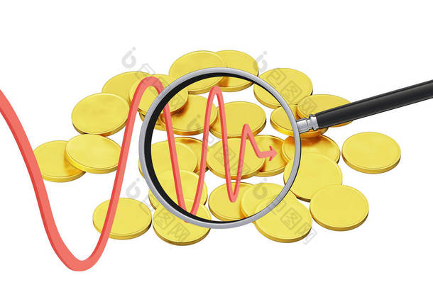 金币散落在平面上，弯曲的红色箭头和放大镜，白色背景，金融，经济分析概念，3D渲染