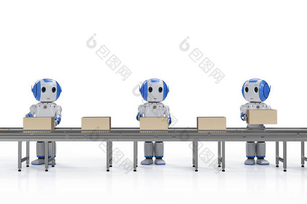 工厂输送机生产线上装有盒子的3D渲染机器人的自动化工厂概念