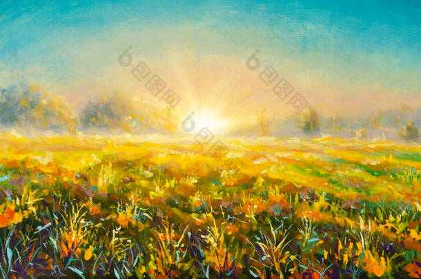 最初的油画是在草地上的雾蒙蒙的晨霞中创作的。现代艺术的晨曦村风景.