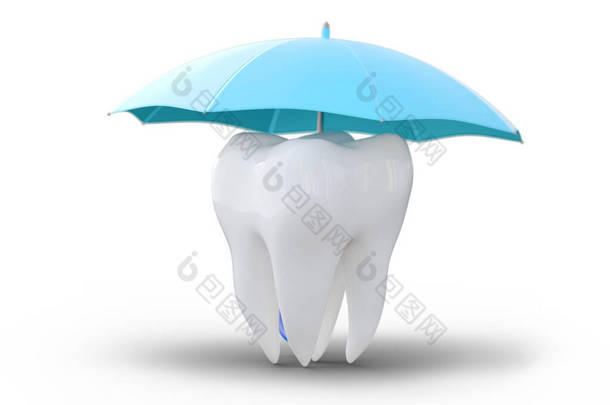 遮阳伞下的一颗牙齿，用白色的<strong>背景</strong>隔开。保护健康，保险概念，牙科，<strong>医疗</strong>护理。3d说明
