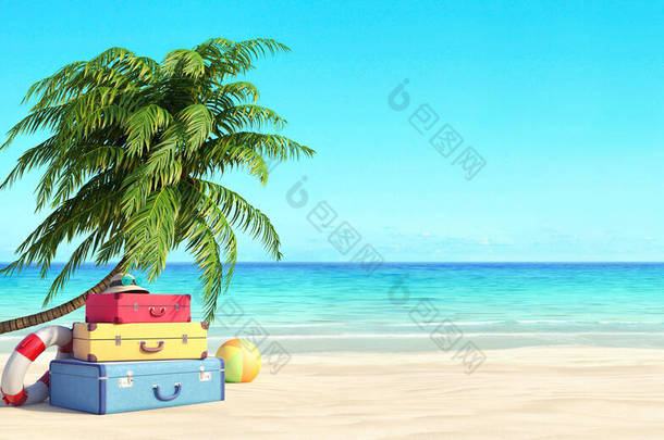 准备暑假，旅行<strong>背景</strong>，带棕榈树和手提箱的海滩，3D渲染3D插图