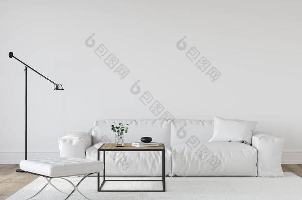 客厅内饰现代中风格，非白色，带有皮革沙发、金属桌、书包和<strong>地灯</strong>/ 3D插图，3D渲染