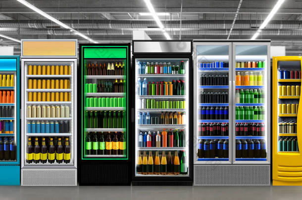 <strong>超市</strong>里，玻璃门冰箱里的<strong>照片</strong>模仿了垂直冷冻机里的苏打粉罐和塑料瓶。适用于提供新的啤酒瓶、包装或标签设计等