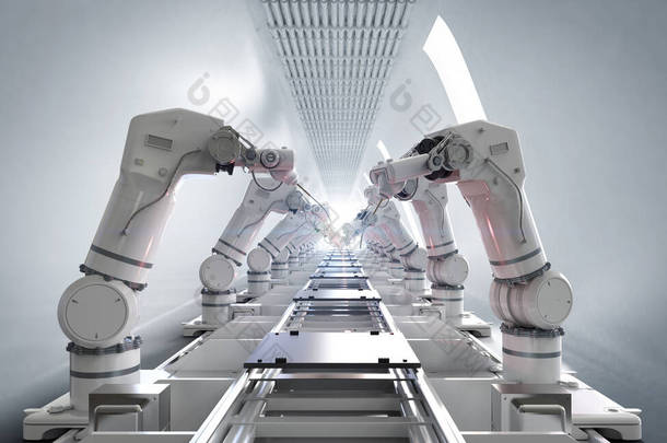 工厂三维渲染机器人装配线自动化工业概念