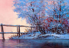 有河流和桥梁的冬季风景。原作油画.