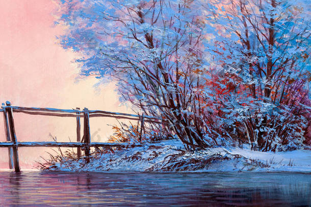 有河流和桥梁的冬季风景。原作油画.