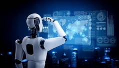 人形人工智能机器人在全息图屏幕上显示大数据的概念