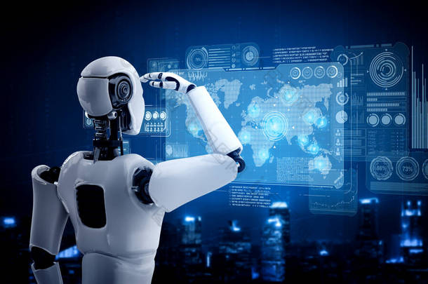 人形人工智能机器人在全息图屏幕上显示大数据的概念