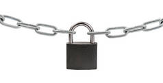 在白色背景上隔离的金属链条上的锁锁。保护、安全和准入概念.
