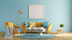 客厅.用淡蓝色和黄色设计. 3D渲染