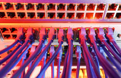 数据服务器机房内连接到黑色补丁面板的带有蓝色和红色互联网补丁电缆的服务器机架