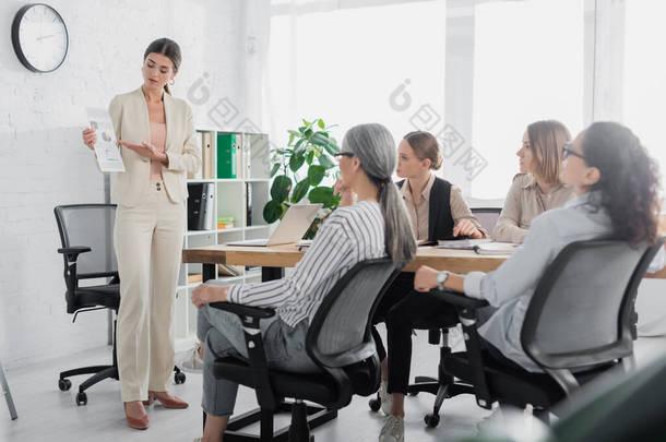 在<strong>办公室</strong>开会期间，小组组长在多<strong>文化</strong>女商人身边用手和纸上的图表指点着她们