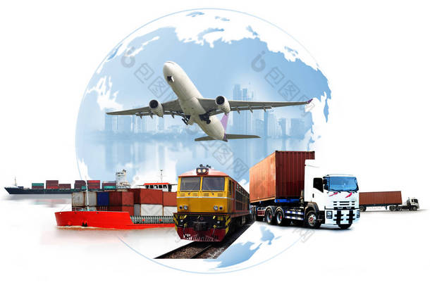 运输、进出口和<strong>物流</strong>概念、集装箱卡车、港口船舶和运输中的货运飞机以及进出口商业<strong>物流</strong>、航运业