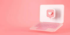 3D渲染心脏信息图标和粉色笔记本电脑