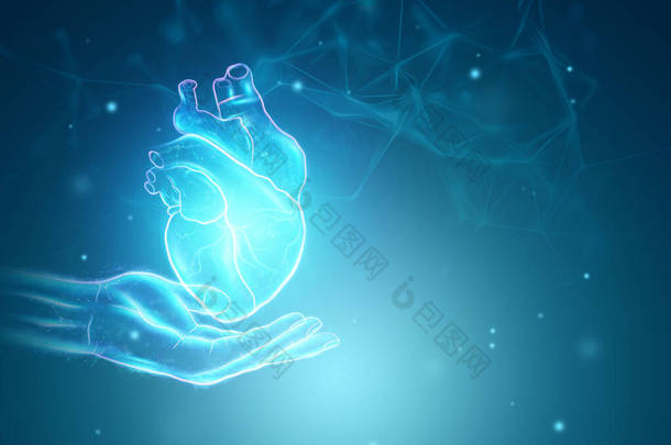 手掌上方的心脏<strong>全息</strong>图。技术概念，捐赠，在线诊断。3D渲染，3D插图
