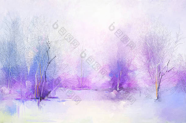 摘要油漆画冬季森林景观.半抽象的树木,田野,草地的形象.现代艺术中,油画将水彩画与紫色、红色和蓝色的油彩混合在一起.当代背景艺术