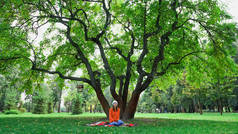 秋天公园的大树下，一位年轻女子坐在毛毯上