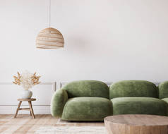 现代设计的白色客厅，有绿色沙发和木制家具的最小净空空间，3D渲染