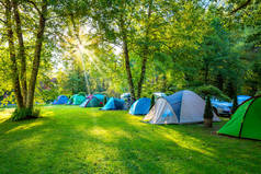 帐篷营区在阳光明媚的清晨,美丽的自然景观,绿树成荫,绿草繁茂