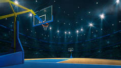 篮球运动领域。从室内看篮球场的木制楼层.篮球运动是从后面开始的.体育背景数字3D图解.