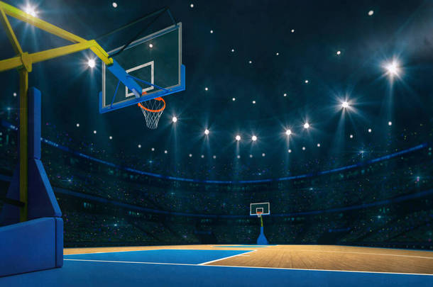 篮球运动领域。从室内看篮球场的木制楼层.篮球运动是从后面开始的.体育背景数字3D图解.