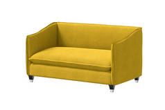 黑色木制沙发上的黄色面料，有镍金属腿，白色背景隔离。家具系列