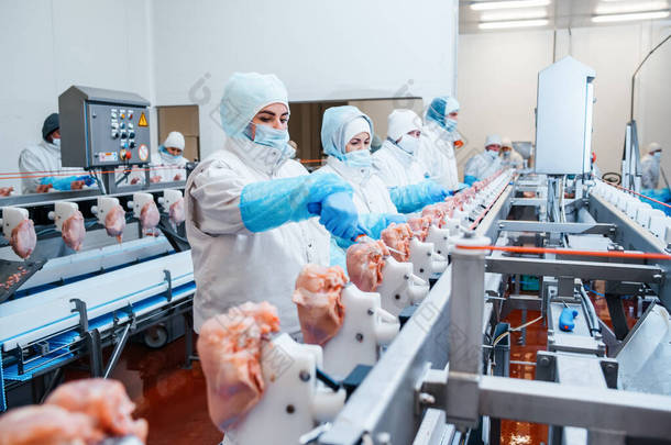 在鸡肉加工厂工作的一组工人-食品加工厂的概念。现代食品制造厂的自动化生产线。Ravioli的制作。食品制造厂的生产线。<strong>肉类</strong>加工厂，<strong>肉类</strong>加工厂.