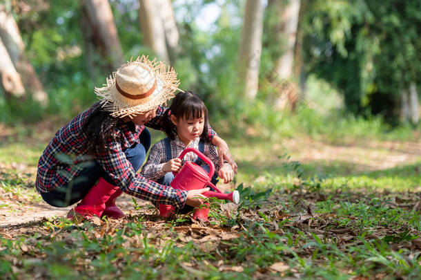 亚洲家庭的母亲和小女儿在大自然春天的室外种植树苗，以减少全球变暖的生长特征，并爱护大自然的土地。环境概念