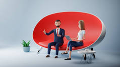 卡通人物商人和女人坐在红色沙发上使用笔记本电脑。商务会议面试的概念.3d渲染