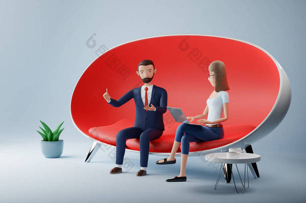 卡通人物商人和女人坐在红色沙发上使用笔记本电脑。商务会议面试的概念.3d渲染