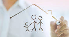 商人为家庭和健康保险概念描绘家庭图标和房屋