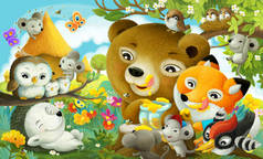 不同森林动物的卡通场景森林给孩子们吃蜂蜜的图片