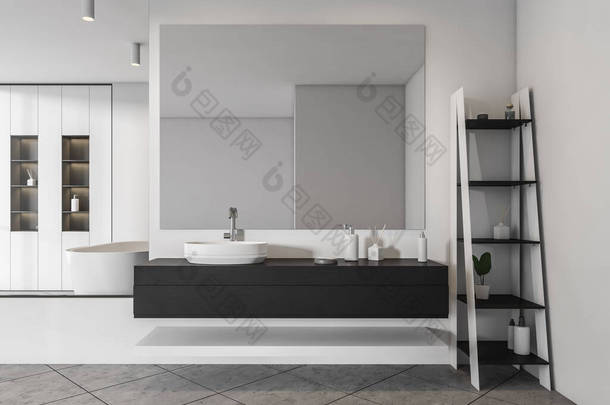 白色洗浴室内部有水池和镜子,架子上有附件,前视镜.灰色的瓷砖地板和有凝胶和瓶子的齿条.3D渲染