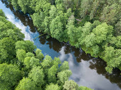春天，溪流在绿树间。空中无人驾驶飞机视图.