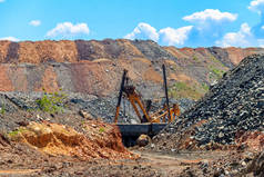 在铁矿采石场工作的大型挖掘机。采矿业