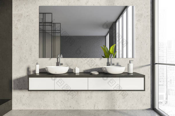 室内有镜子,灰色的石墙上有架子,两个水槽和洗浴用具.全景全景。现代室内设计的概念。3d渲染