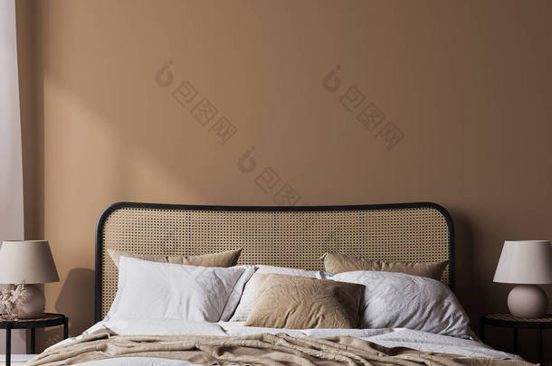 Bright bedroom <strong>mockup</strong>, rattan wooden bed in a beige background, wall mock up in a neutral colors roo